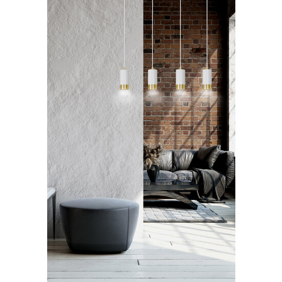 Lámpara colgante Karlstad 4L blanca tubo dorado GU10