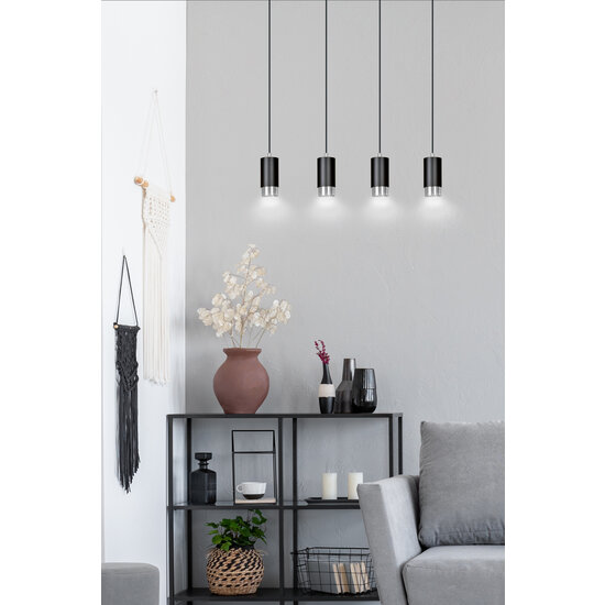Lampe à suspension Karlstad 4L cylindre noir et chromé GU10