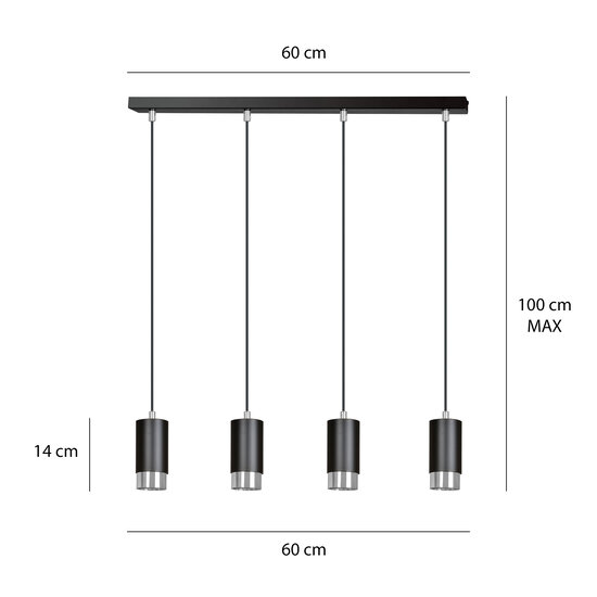 Lampe à suspension Karlstad 4L cylindre noir et chromé GU10