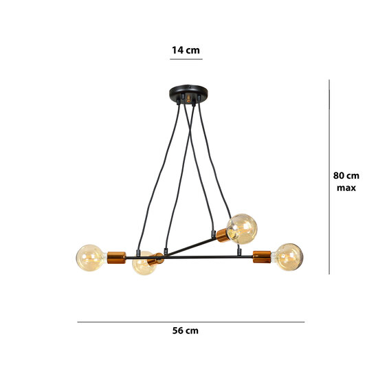Lampe suspendue Hollola 4L noire avec cuivre E27