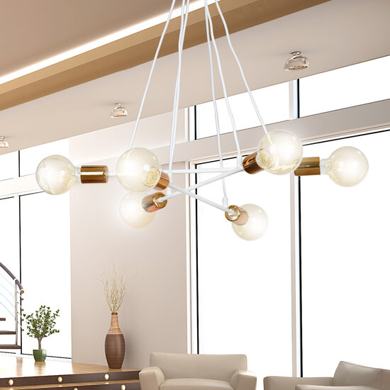 Lámpara colgante Hollola 6L blanca con cobre E27