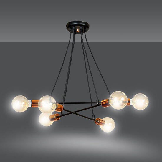 Hollola 6L black hanging lamp with copper E27