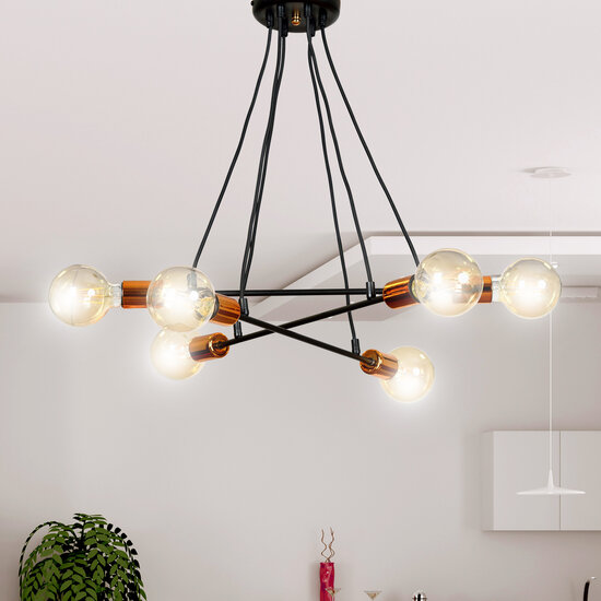 Hollola 6L zwarte hanglamp met koperen E27