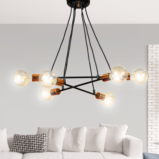 Lampe suspendue Hollola 6L noire avec cuivre E27
