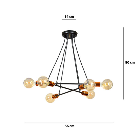 Lampe suspendue Hollola 6L noire avec cuivre E27