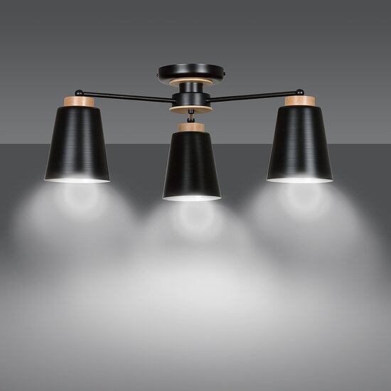 Linkoping zwart met hout plafondlamp 3 kappen metaal E27