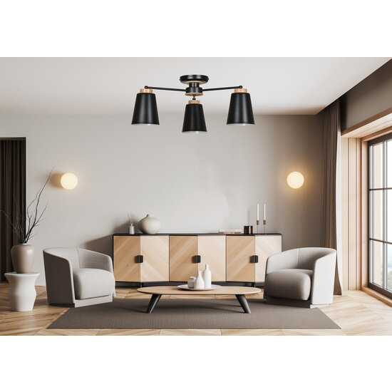 Plafonnier Linkoping noir avec bois 3 abat-jour métal E27