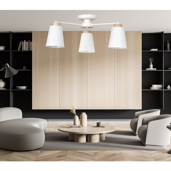 Linkoping wit met hout plafondlamp 3 kappen metaal E27