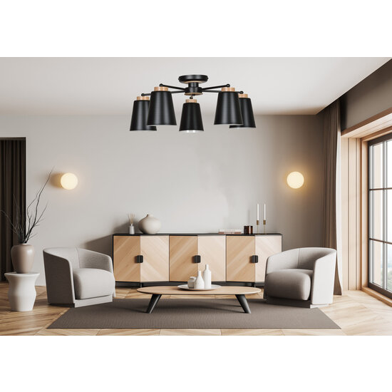 Linkoping 5L schwarz mit Holz Deckenleuchte 5 Lampenschirme Metall E27