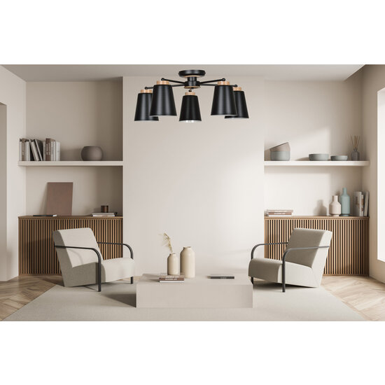 Linkoping 5L schwarz mit Holz Deckenleuchte 5 Lampenschirme Metall E27