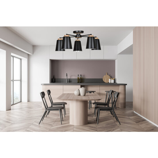 Linkoping 5L schwarz mit Holz Deckenleuchte 5 Lampenschirme Metall E27