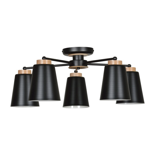 Linkoping 5L schwarz mit Holz Deckenleuchte 5 Lampenschirme Metall E27