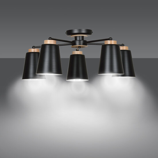 Linkoping 5L zwart met hout plafondlamp 5 kappen metaal E27