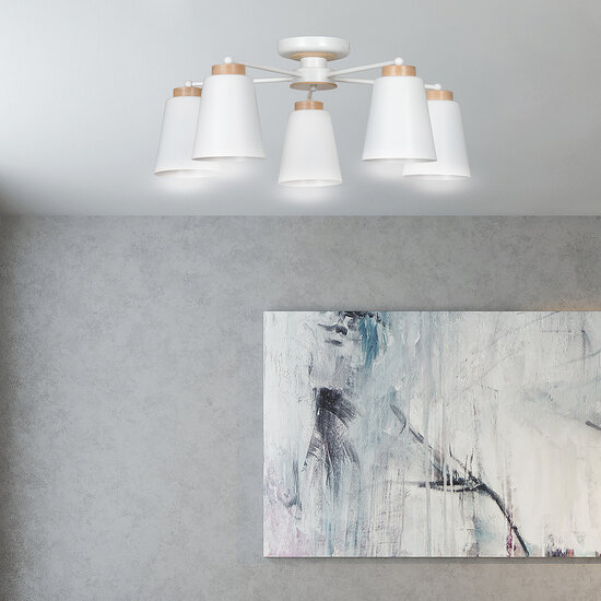 Linkoping Plafón 5L blanco madera 5 pantallas metal E27