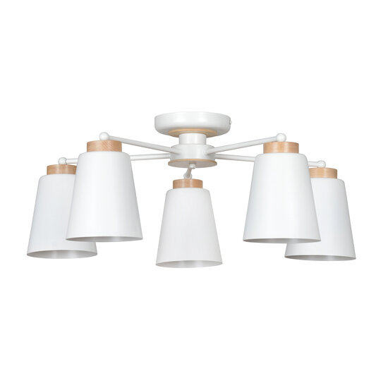 Plafonnier Linkoping 5L blanc avec bois 5 abat-jour métal E27