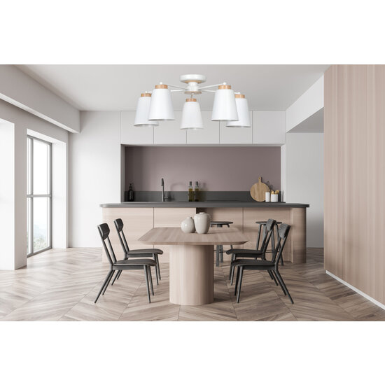 Linkoping 5L wit met hout plafondlamp 5 kappen metaal E27