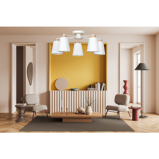 Plafonnier Linkoping 5L blanc avec bois 5 abat-jour métal E27