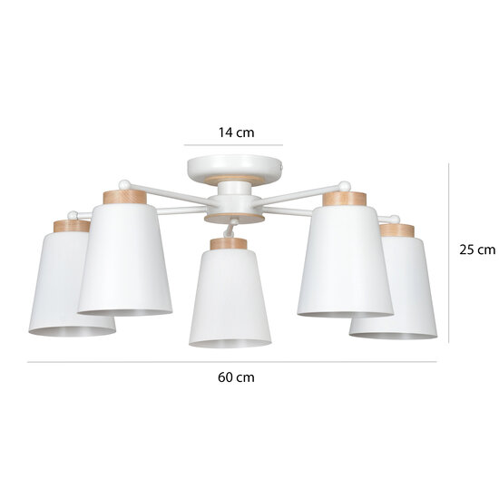 Linkoping 5L wit met hout plafondlamp 5 kappen metaal E27