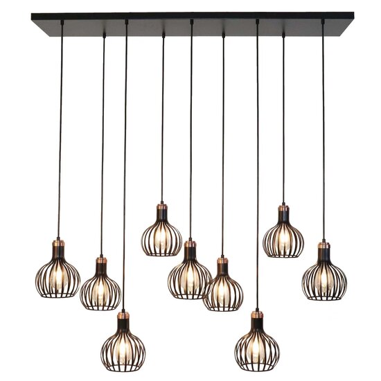 Fantasia Raga hanglamp met 9 lichtpunten in E27, zwart met koperkleur, stalen constructie, IP20 voor binnengebruik.