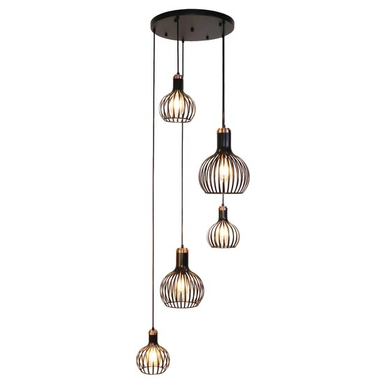 Lámpara colgante Fantasia Raga con 5 portalámparas E27, estructura de acero en negro y cobre, IP20 para interior.