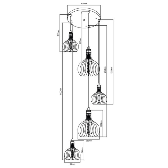 Suspension Rio 5x E27 noir + cuivre