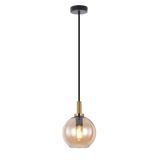 Fantasia Fantasia Osira Pendelleuchte mit Bernsteinglas-Schirm Ø200mm, Gestell aus Stahl in Schwarz-Gold, E27-Fassung, IP20, 1 Lichtpunkt