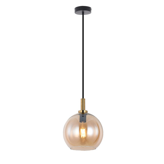 Fantasia Colgante Fantasia OSIRA, estructura de acero negro-oro con pantalla de cristal ámbar, casquillo E27, Ø250mm, IP20