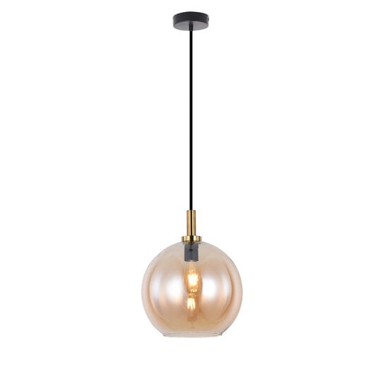 Fantasia Osira pendant lamp with round amber glass shade Ø300mm, black and gold steel frame, E27 socket, bulb not included