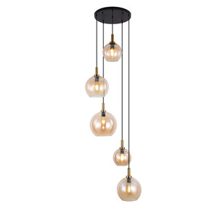 Fantasia Osira hanglamp E27 5-lichts zwart/goud amber glas