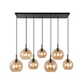 Fantasia Osira Pendelleuchte mit 7 Lichtpunkten E27, schwarz-goldenes Stahlgestell und Bernsteinglas, Breite 1050mm