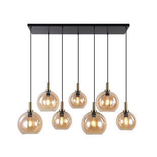 Colgante Iris E27 7L Negro + oro, cristal ámbar 3x Ø200mm, 4x Ø250mm