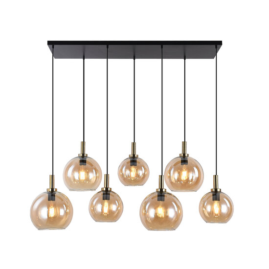 Fantasia Osira pendant light with 7 E27 light points, black-gold steel frame and amber glass, width 1050mm