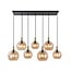 Suspension Fantasia Osira à 7 points lumineux E27, structure acier noir-or et verre ambré, largeur 1050mm