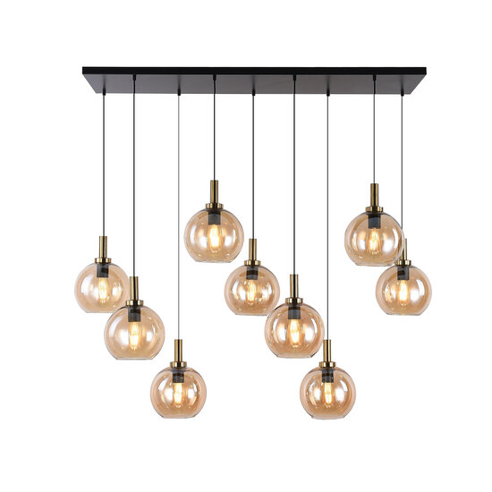 Fantasia Colgante Fantasia OSIRA con 9 puntos de luz E27, estructura de acero negro-oro, cristales ámbar Ø200mm, IP20, regulable