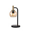 Fantasia Osira tafellamp met E27-fitting, zwart-gouden voet en amber glazen kap van Ø150mm, hoogte 420mm.