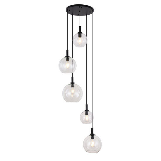 Fantasia Osira hanging lamp E27 5L black, clear glass - steel pendant lamp with 5 light points, IP20