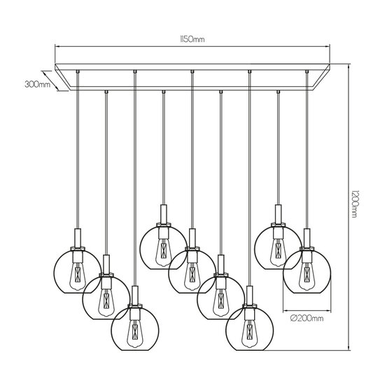 Fantasia Fantasia Osira pendant lamp with 9 light points, black steel frame, clear glass 9x Ø20 cm, E27 fitting, width 115 cm, IP20