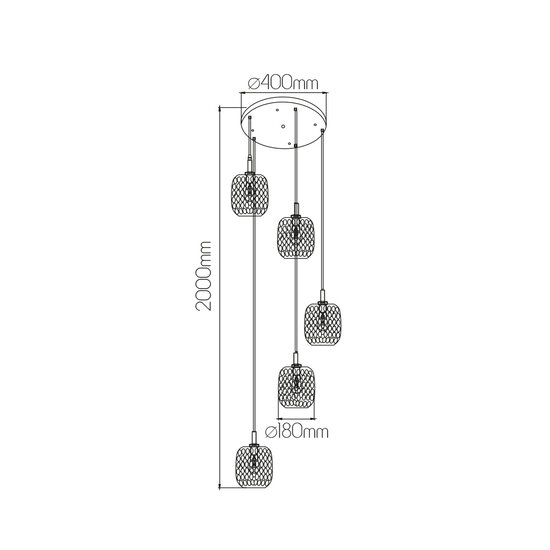 Fantasia Fantasia OKIRU pendellamp 5xE27 zwart met 5x as grijs glas Ø180mm, diameter armatuur 400mm, IP20