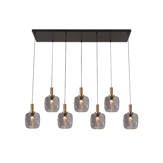 Fantasia Suspension Fantasia Okiru, forme barre avec 7x douilles E27, structure acier noir et 7 verres gris cendré Ø150mm, 990 x 1200 mm