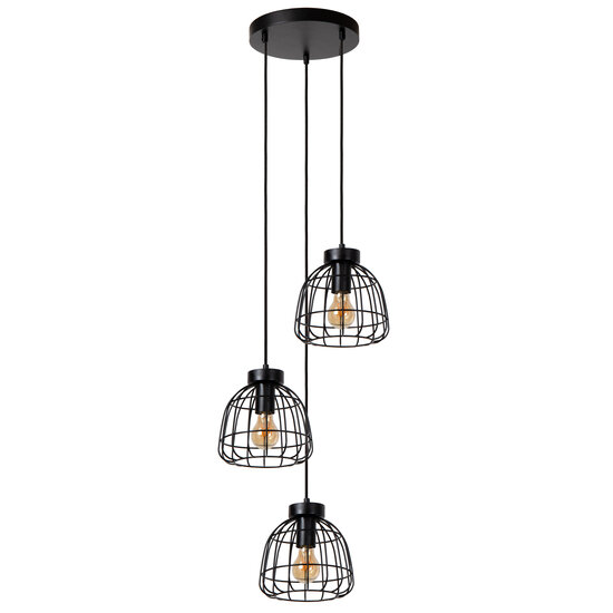 Runde schwarze Hängelampe Felix mit 3 Metallkäfigen E27