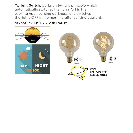 Lampe à filament G95 TWILIGHT SENSOR éclairage extérieur diamètre 9,5 cm LED E27 1x4W 2200K ambre