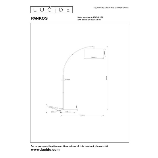 LUCIDE Lucide RANKOS - Lámpara de Arco - Ideal para crear un ambiente acogedor