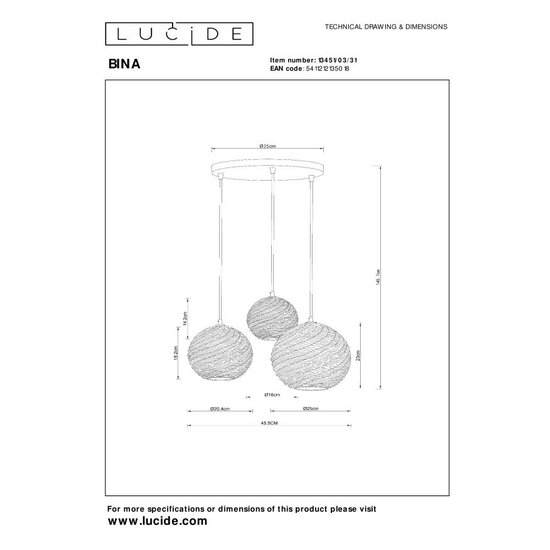 LUCIDE Lucide BINA - Lampe à suspension - Ø 40 cm - 3xE27 - Blanc