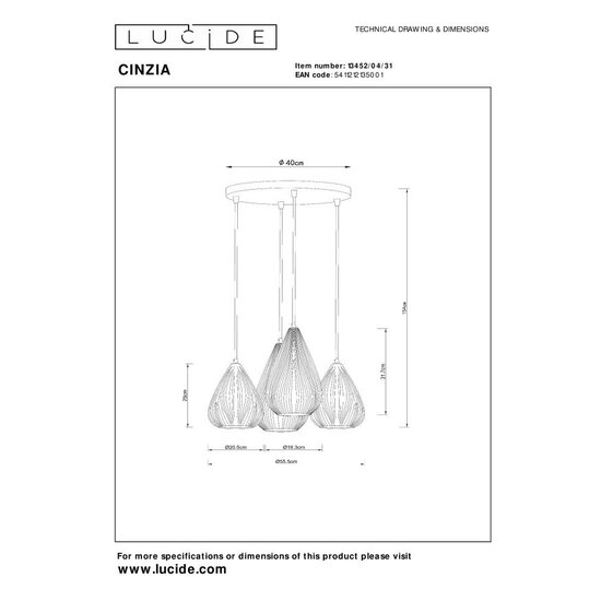 LUCIDE Lucide CINZIA - Pendant lamp - Ø 55.5 cm - 4xE27 - White