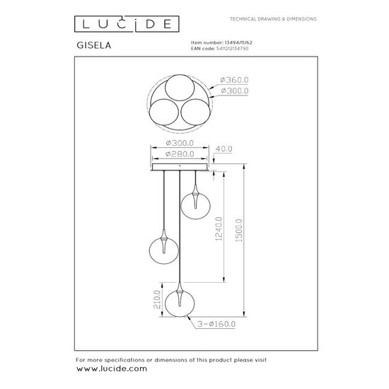 LUCIDE Lucide GISELA – Hängelampe – Ø 36 cm – LED-Dimmung. - 3x4,3W 2700K - Bernstein