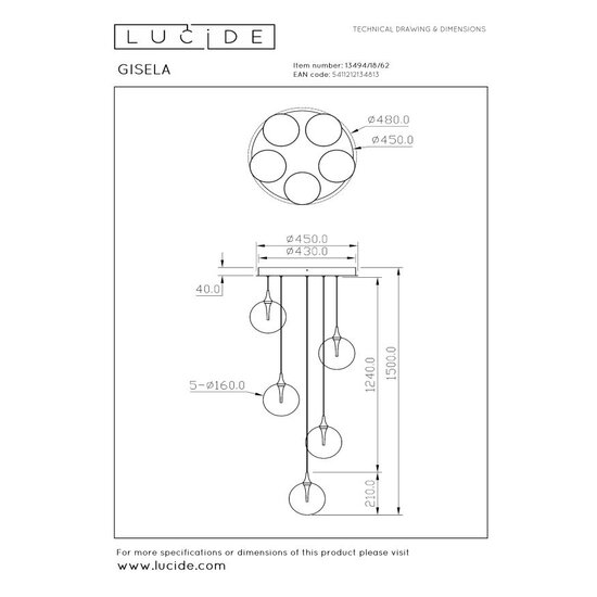 LUCIDE Lucide GISELA - Hanglamp - Ø 48 cm - LED Dimb. - 5x3,8W 2700K - Amber - Premium