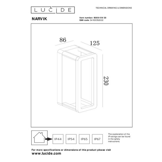 Lucide NARVIK - Wandlamp Binnen/Buiten - LED - 1x9,2W 3000K - IP65 - Zwart