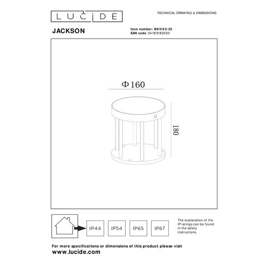 LUCIDE Lucide JACKSON - Lampe sur pied - Energie solaire - Ø 16 cm - LED Gradation. - 1x2W 2850K/3150K - IP54 - Capteur jour/nuit - Noir