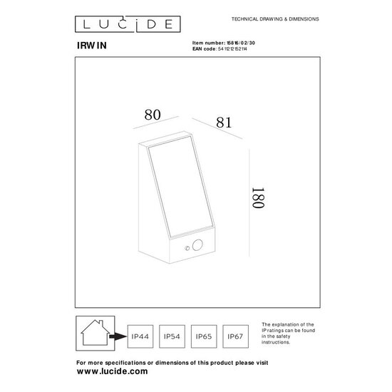 Lucide IRWIN - Wandleuchte - Solarenergie - LED-Dimmung. - 1x2W 2850K/3150K - IP54 - Tag-/Nachtsensor - Schwarz