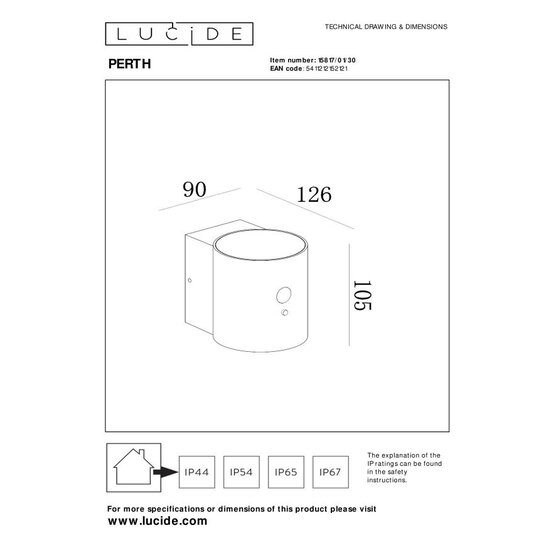 LUCIDE Lucide PERTH - Lámpara de pared - Energía solar - LED Dimming. - 1x1W 2850K/3150K - IP65 - Sensor día/noche - Negro